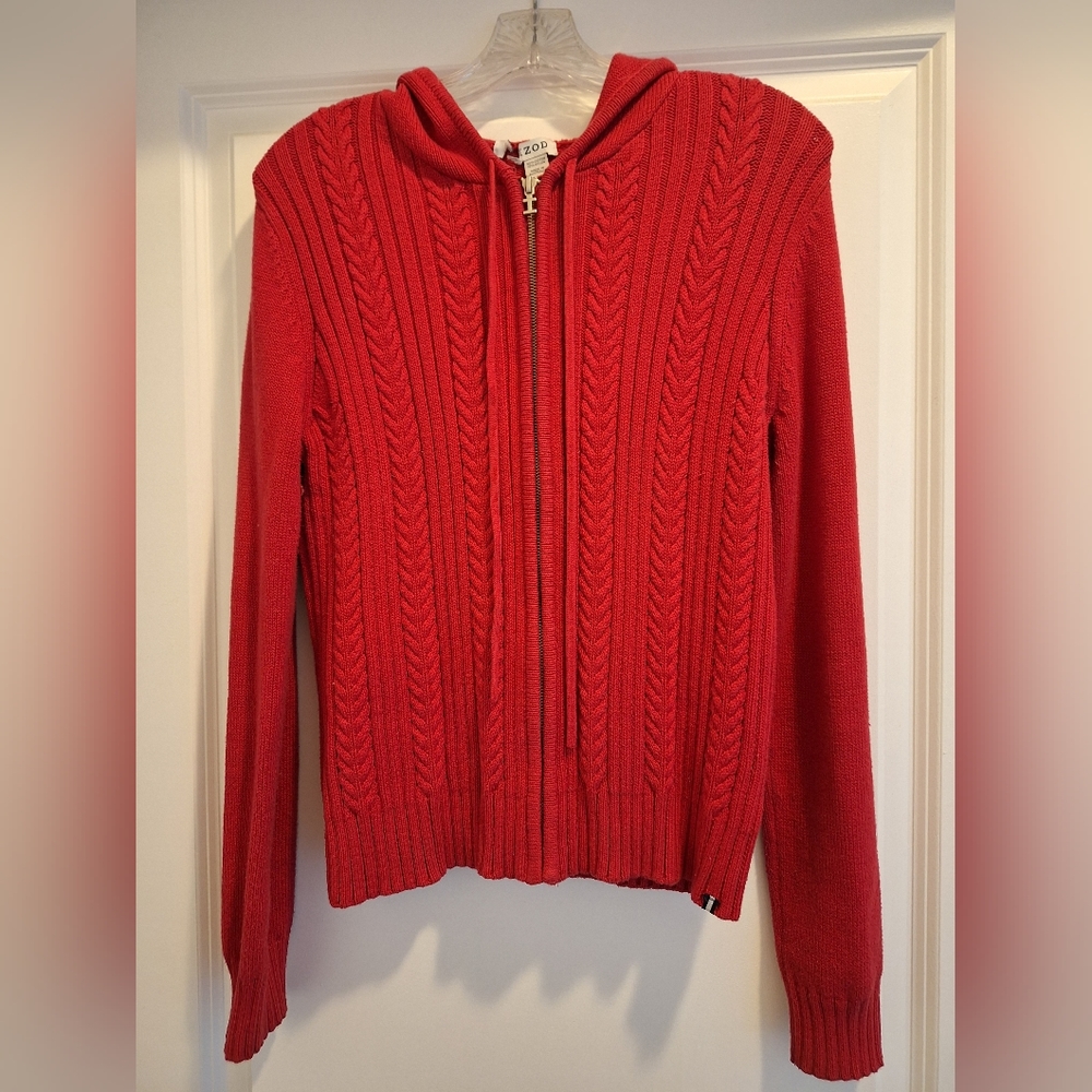 Like New 'IZOD' Red Cable Knit Cardigan Zipper Hoodie- Made in Australia- Small